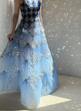 Ocean Blue Halter A-Line Tulle Sequin Wedding Dress Long Prom Dress HZ1024