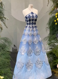 Ocean Blue Halter A-Line Tulle Sequin Wedding Dress Long Prom Dress HZ1024