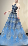 Ocean Blue Halter A-Line Tulle Sequin Wedding Dress Long Prom Dress HZ1024