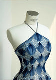 Ocean Blue Halter A-Line Tulle Sequin Wedding Dress Long Prom Dress HZ1024