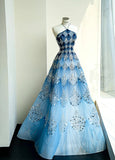 Ocean Blue Halter A-Line Tulle Sequin Wedding Dress Long Prom Dress HZ1024