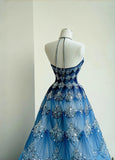 Ocean Blue Halter A-Line Tulle Sequin Wedding Dress Long Prom Dress HZ1024