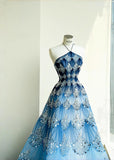 Ocean Blue Halter A-Line Tulle Sequin Wedding Dress Long Prom Dress HZ1024