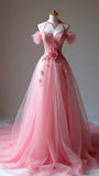 V-neck A-Line Tulle Sleeveless Train Wedding Dresses with Lace Appliques HZ1024