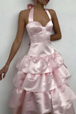 A-Line Halter Prom Dress Tiered Satin Empire-Waist Sleeveless Party Dress 22nd Birthday Dress with Bow HZ1024