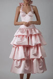 A-Line Halter Prom Dress Tiered Satin Empire-Waist Sleeveless Party Dress 22nd Birthday Dress with Bow HZ1024