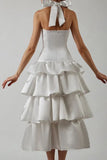 A-Line Halter Prom Dress Tiered Satin Empire-Waist Sleeveless Party Dress 22nd Birthday Dress with Bow HZ1024