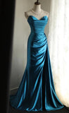 Satin Mermaid Long Evening Dresses Turquoise Sweetheart Open Back Prom Dresses HZ1024