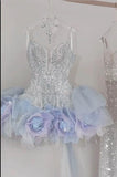 V-neck A-Line Short Prom Dress Gorgeous Tulle Homecoming Dress HZ1024