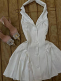 White V-neck Satin Backless A-line Party Dresses Beautiful Homecoming Dress HZ1024