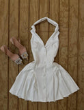 White V-neck Satin Backless A-line Party Dresses Beautiful Homecoming Dress HZ1024