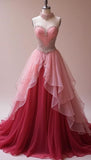 Peach Strapless Sweetheart A-Line Wedding Dress Beaded Tulle Long Prom Dresses HZ1024