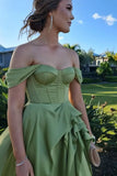 Green Off-the-shoulder Satin A-Line Party Dresses with Slits HZ1024