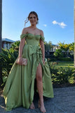 Green Off-the-shoulder Satin A-Line Party Dresses with Slits HZ1024