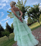 Mint Green Strapless Tulle Layered Party Dresses A-Line Prom Dresses HZ1024