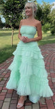 Mint Green Strapless Tulle Layered Party Dresses A-Line Prom Dresses HZ1024