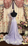 Purple Strapless Beaded Tulle A-Line Long Prom Dresses HZ1024