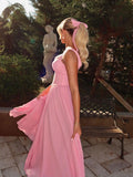 Pink Spaghetti Strap A-line Bridesmaid Dress Chiffon Party Dress HZ1024