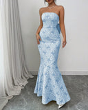 Blue Mermaid Guest DressesStrapless Jacquard Satin Formal Evening Dress Gorgeous Prom Dress HZ1024