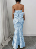 Blue Mermaid Guest DressesStrapless Jacquard Satin Formal Evening Dress Gorgeous Prom Dress HZ1024