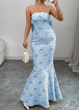 Blue Mermaid Guest DressesStrapless Jacquard Satin Formal Evening Dress Gorgeous Prom Dress HZ1024