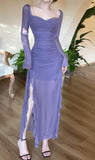 Purple Square Neck Chiffon Long Sleeve Bodycon Party Dresses HZ1024