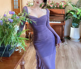 Purple Square Neck Chiffon Long Sleeve Bodycon Party Dresses HZ1024