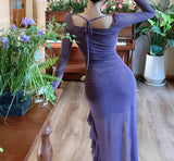 Purple Square Neck Chiffon Long Sleeve Bodycon Party Dresses HZ1024