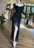 Purple Square Neck Chiffon Long Sleeve Bodycon Party Dresses HZ1024
