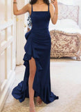 Blue Elegant Spaghetti Straps Party Dress Sheath Satin Evening Dress with Slits HZ1024