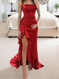 Blue Elegant Spaghetti Straps Party Dress Sheath Satin Evening Dress with Slits HZ1024