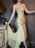Deep V Spaghetti Straps Sequined Sheath Prom Dresses Elegant Chiffon Backless Evening HZ1024