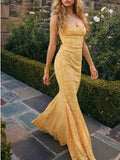 Yellow Mermaid Spaghetti Straps Prom Dresses Lace Applique Open Back Evening Dress HZ1024