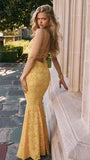 Yellow Mermaid Spaghetti Straps Prom Dresses Lace Applique Open Back Evening Dress HZ1024