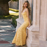Yellow Mermaid Spaghetti Straps Prom Dresses Lace Applique Open Back Evening Dress HZ1024