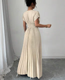 Deep V A-line Pleated Party Dresses Wedding Guest Dress HZ1024