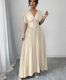 Deep V A-line Pleated Party Dresses Wedding Guest Dress HZ1024