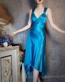 Blue Satin V Neck Sheath Prom Dresses Backless Party Dress HZ1024