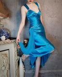 Blue Satin V Neck Sheath Prom Dresses Backless Party Dress HZ1024
