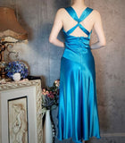 Blue Satin V Neck Sheath Prom Dresses Backless Party Dress HZ1024