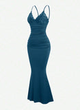 Teal Spaghetti Straps Mermaid Evening Dress Satin Lace Short Party Dress HZ1024