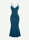 Teal Spaghetti Straps Mermaid Evening Dress Satin Lace Short Party Dress HZ1024