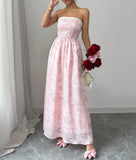 Pink Strapless Jacquard Bridesmaid Dress A-Line Backless Evening Dress HZ1024