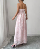 Pink Strapless Jacquard Bridesmaid Dress A-Line Backless Evening Dress HZ1024