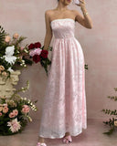 Pink Strapless Jacquard Bridesmaid Dress A-Line Backless Evening Dress HZ1024
