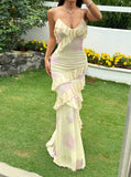 Yellow V-Neck Sheath Chiffon Ruffle Spaghetti Straps Party Dress HZ1024