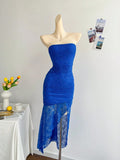 Royal Blue Lace Bodycon Short Party Dress Strapless Backless Evening Dress HZ1024