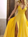 Yellow Spaghetti Straps Satin A-Line Sleeveless Party Dresses with Slits HZ1024