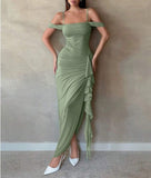 Sage Green Spaghetti Strap Sheath Chiffon Ruffles Evening Dress HZ1024