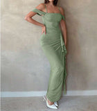 Sage Green Spaghetti Strap Sheath Chiffon Ruffles Evening Dress HZ1024